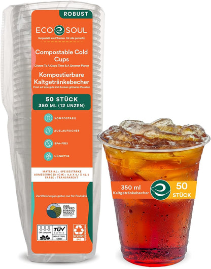 ECO SOUL 100% Clear Compostable Party Cups | (50 Count, 12 oz) | Disposable | Biodegradable | Plant Based Eco-friendly Alternative to Paper & Plastic Cups | For Weddings & Gatherings