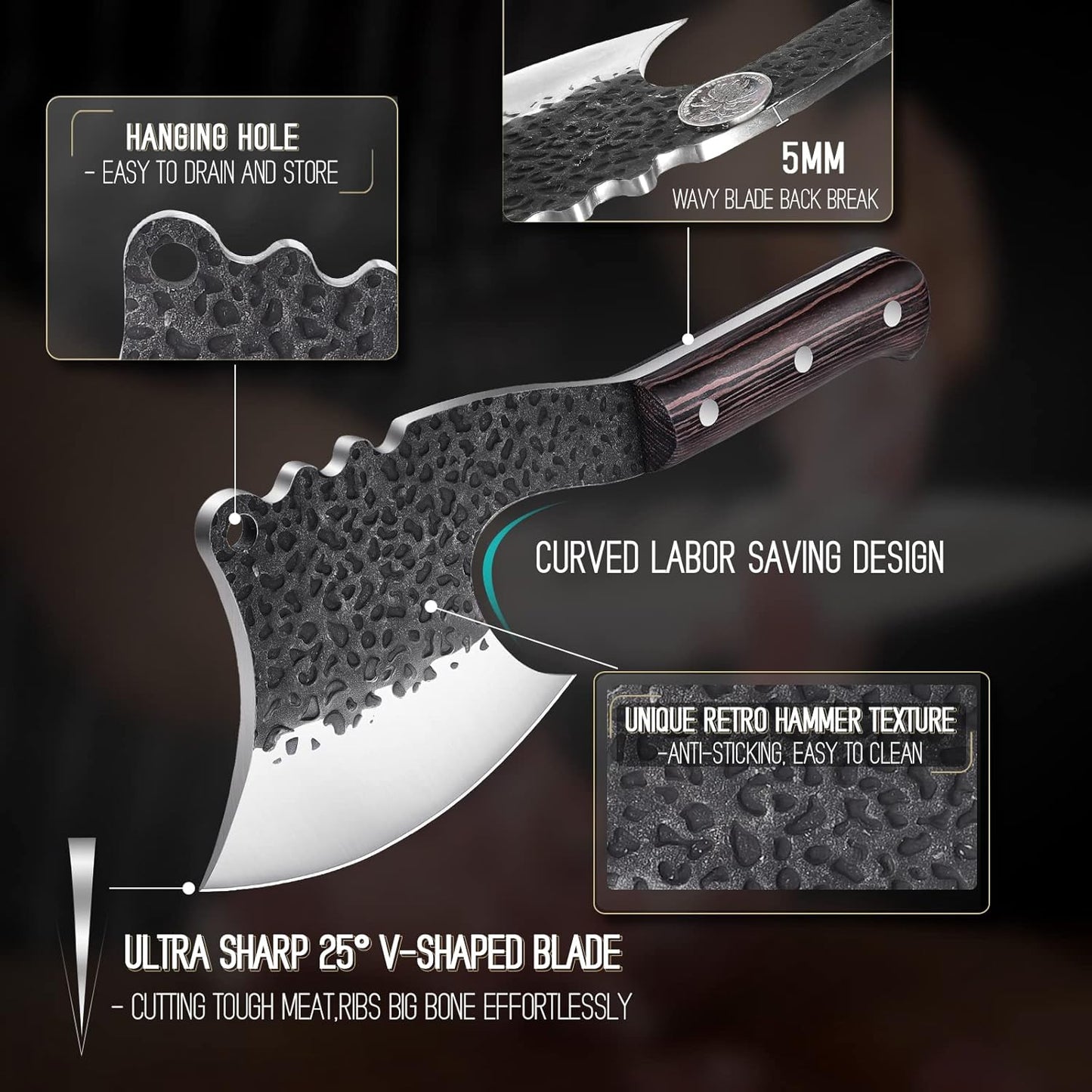 ROCOCO Meat Bone Cleaver Knife for Meat Cutting Handmade Heavy Duty Butcher Axes Hand Forged Full Tang Chopper for Kitchen Outdoor BBQ Chirstmas Mother Father Gifts Idea Men Black