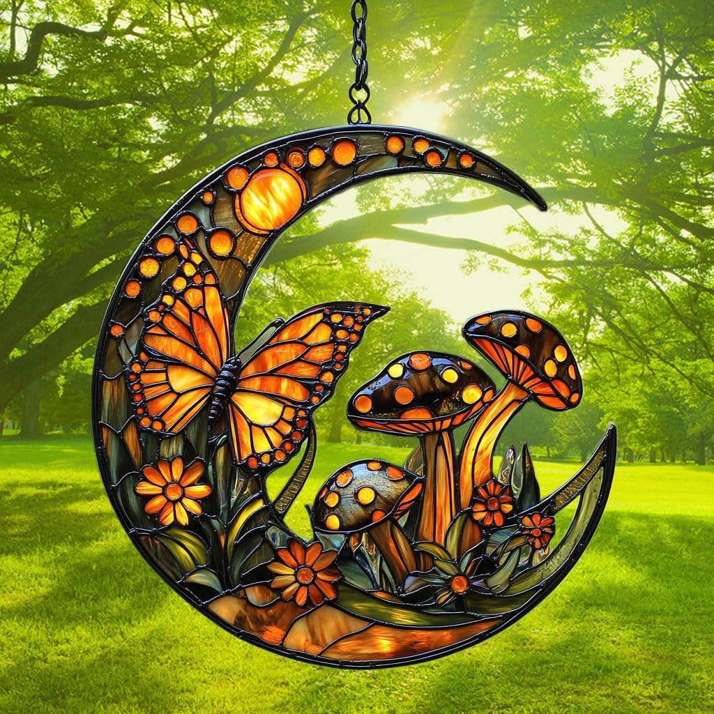 Cresent Forest Butterfly Acrylic Suncatcher Stained Glass Effect Window Car Hanging Christmas Ornament Indoor Outdoor Decor Garden Sun Catcher Panel for Boho Lover for Women Mom Grandma