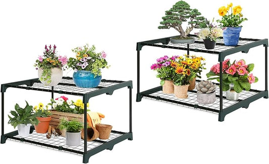 EAGLE PEAK Greenhouse Shelving Staging Double 2 Tier, Outdoor/Indoor Plant Shelves, 27"x19"x16", Green