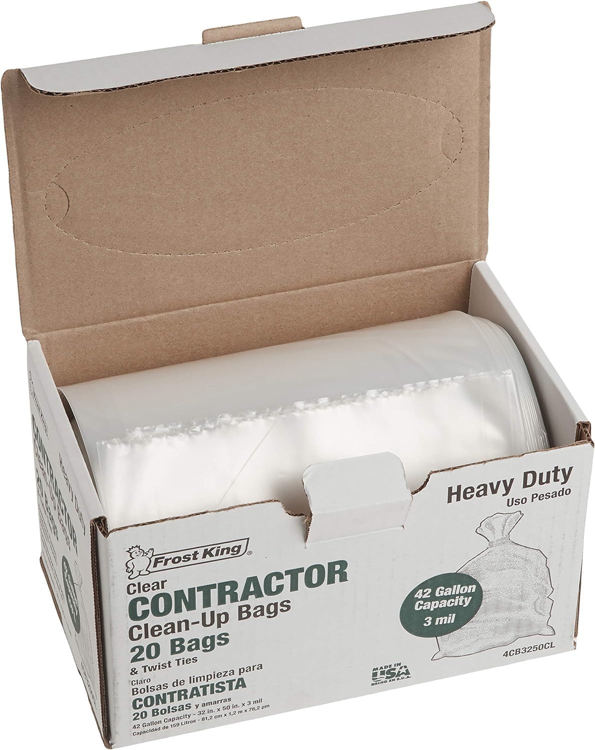 Frost King CB3250 Boxed Heavy Duty Contractor Clean-Up Bags, 32 inch x 50 inch x 3 Mil., 20 Bags, Clear