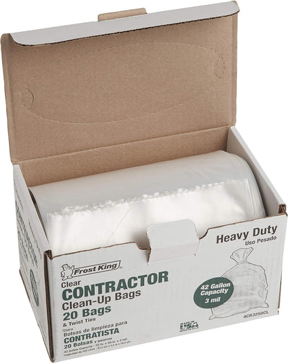 Frost King CB3250 Boxed Heavy Duty Contractor Clean-Up Bags, 32 inch x 50 inch x 3 Mil., 20 Bags, Clear