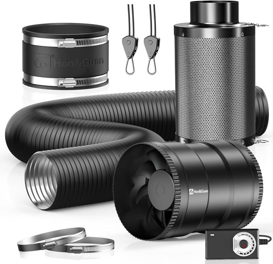 Hon&Guan 6" Air Filtration Kit: 6 Inch Inline Duct Fan with Speed Controller, 12" High Carbon
