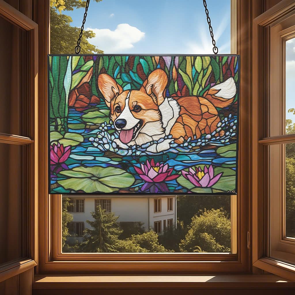 Customized Rectangle Boho Corgi in Lily Pond Stained Glass Suncatcher Window Hanging, Gothic Christmas Ornaments for Fiction Lovers, Dinosaur Room Decor for Nursery New Home Gifts