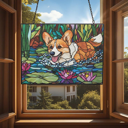 Customized Rectangle Boho Corgi in Lily Pond Stained Glass Suncatcher Window Hanging, Gothic Christmas Ornaments for Fiction Lovers, Dinosaur Room Decor for Nursery New Home Gifts