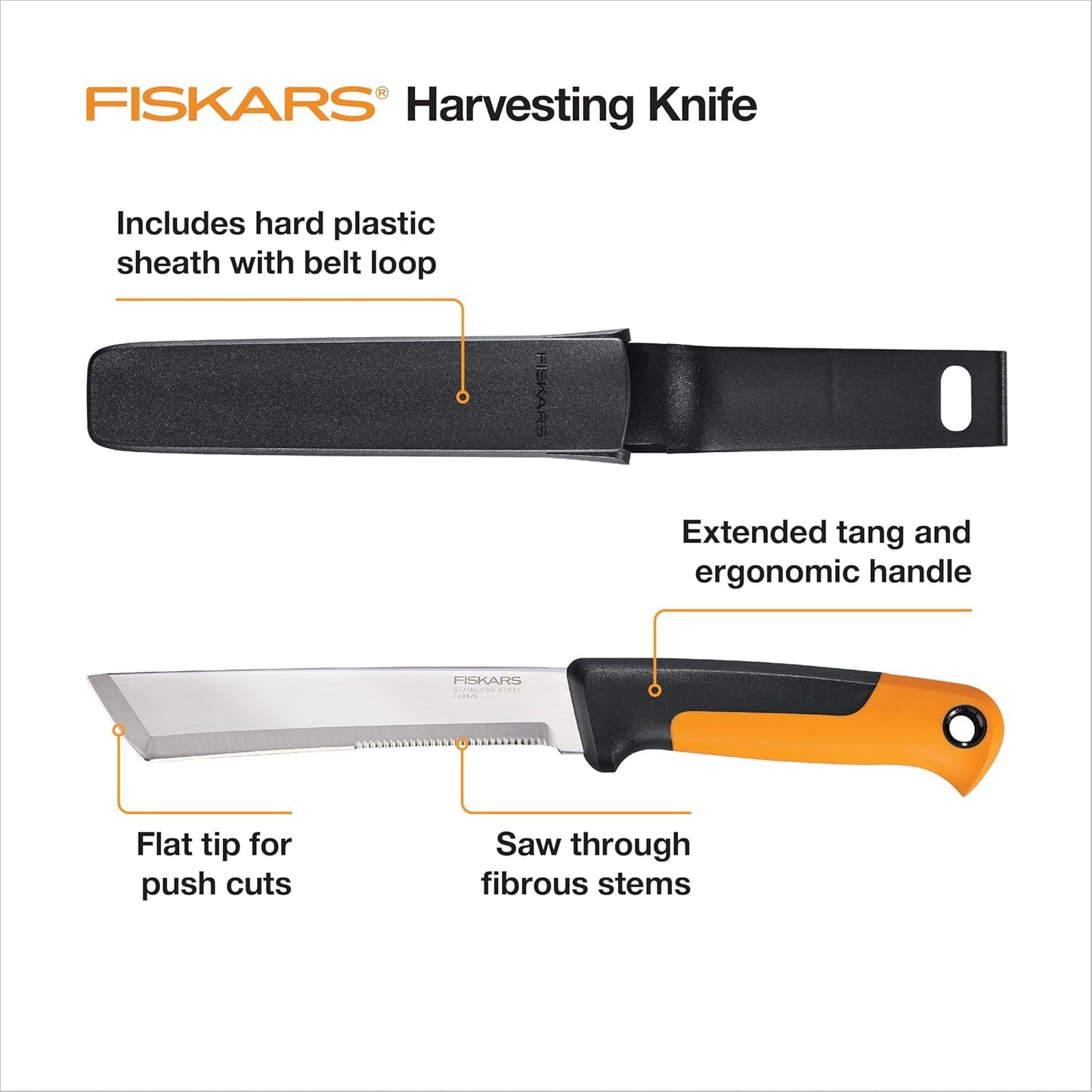 Fiskars Harvesting Knife with Serrated Edge, Gardening Hand Tool with Flat Tip Blade and Sheath, Perfect for Thick Stalks and Stems