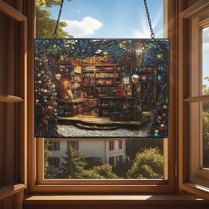 Rectangle Christmas Bookstore Stained Glass Sun Catcher, Wall Hanging Colored Decor Room Indoor Window Decor, Halloween, Christmas Hanging Ornament