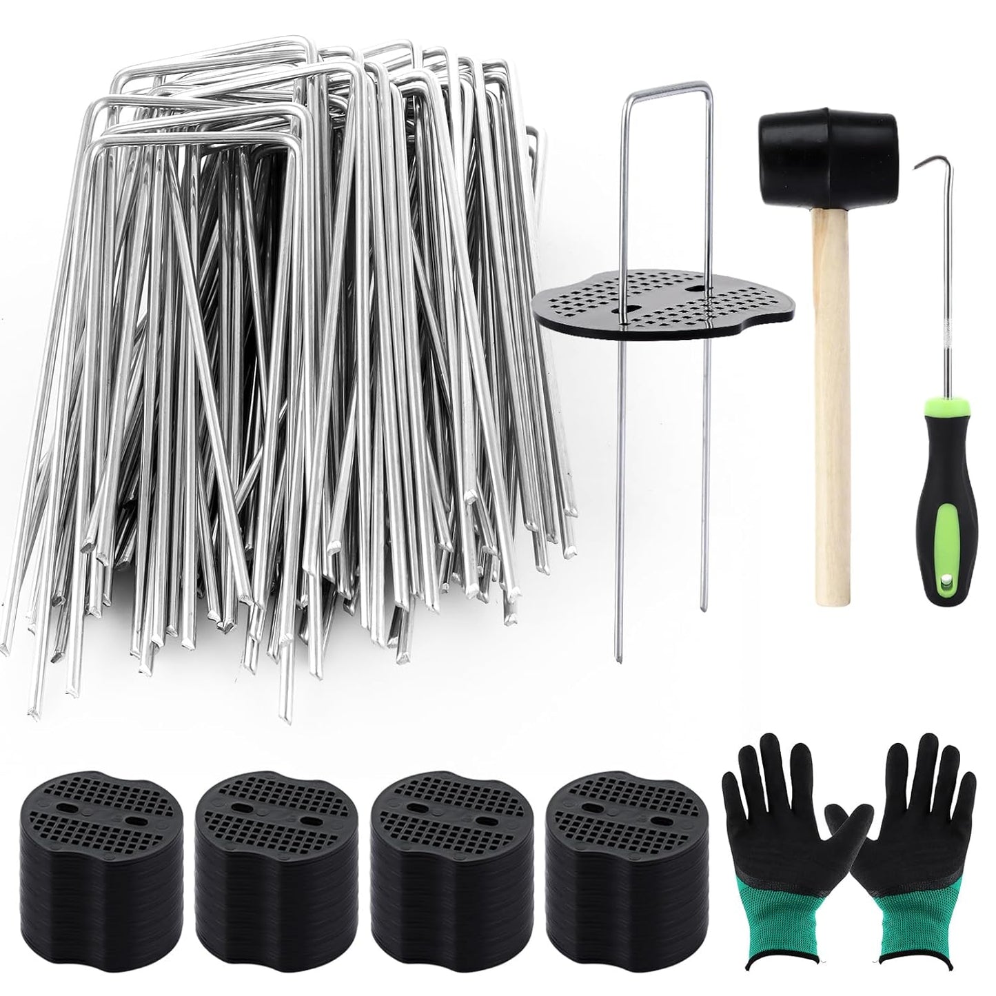 DAJAVE 100 Pack Landscape Staples 6 Inch 11 Gauge U-Shaped Garden Stakes,100Pcs Gasket with Hammer Pick Hook and Gloves Pair, Ground Staples for Securing Weed Barrier Fabric, Irrigation Tubing
