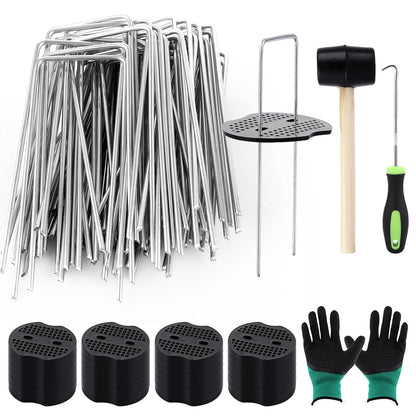 DAJAVE 100 Pack Landscape Staples 6 Inch 11 Gauge U-Shaped Garden Stakes,100Pcs Gasket with Hammer Pick Hook and Gloves Pair, Ground Staples for Securing Weed Barrier Fabric, Irrigation Tubing