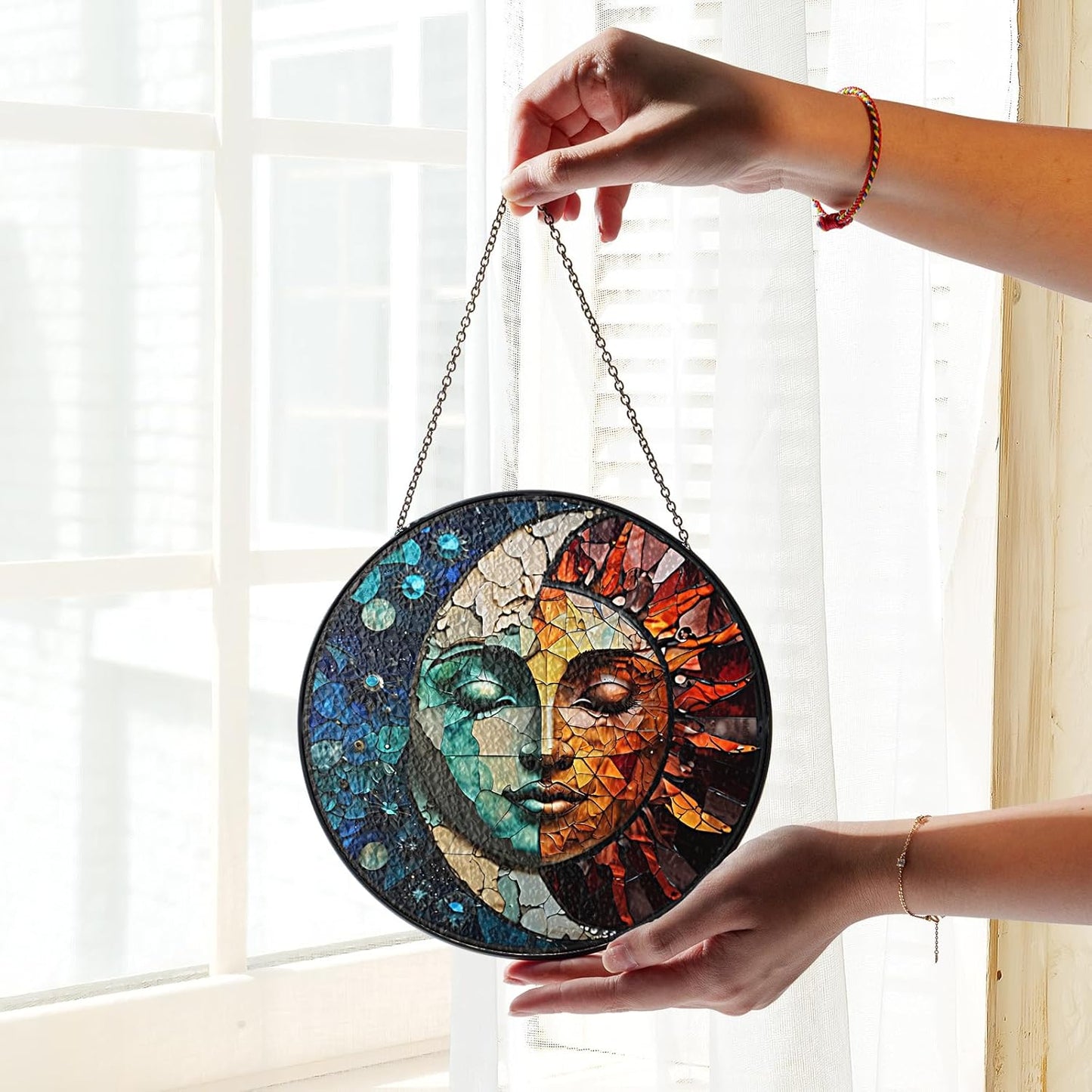 7.8" Sun and Moon Stained Glass Suncatchers Art Glass Celestial for Sun Catcher Indoor Window Gifts for Pet Animal Nature Galaxy Lovers Women Grandma Mom Friend Painted Glass Panel Décor ART-04E-SG8