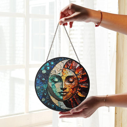 7.8" Sun and Moon Stained Glass Suncatchers Art Glass Celestial for Sun Catcher Indoor Window Gifts for Pet Animal Nature Galaxy Lovers Women Grandma Mom Friend Painted Glass Panel Décor ART-04E-SG8