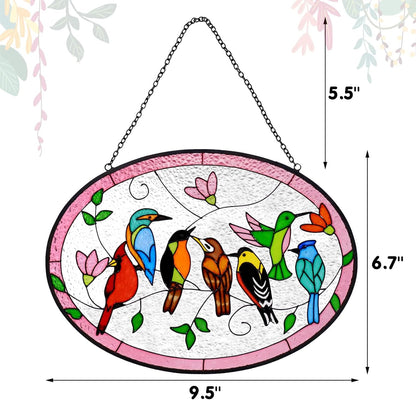 Huray Rayho Birds On A Branch Stained Glass Ornament, 9.5''x6.7'' Cardinal Hummingbird Suncatcher Hand-Painted Double Side Glass Panel Window Hanging Decor Bird Lover Gift for Mom, Grandma, Teacher