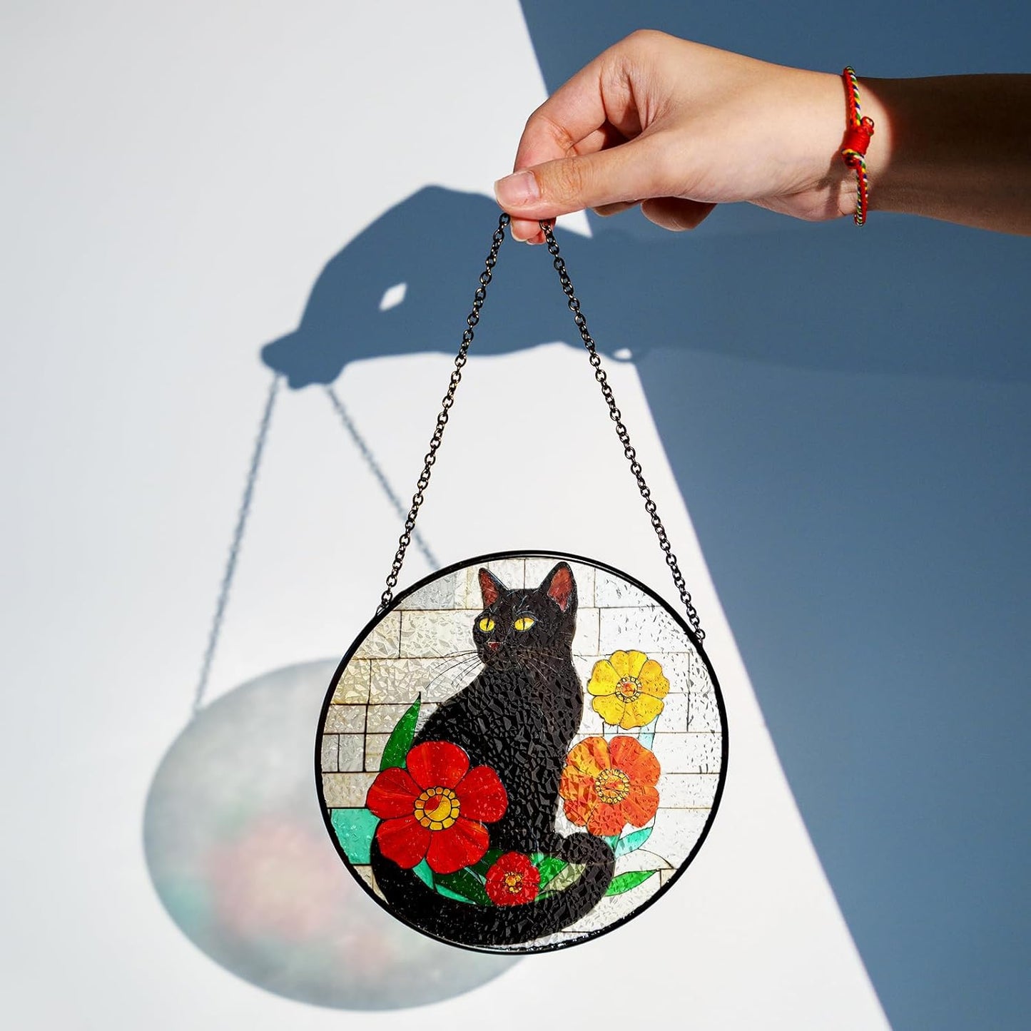 Black Cat Stained Glass Suncatchers Art Glass Cats Flowers for Sun Catcher Indoor Window Gifts for Pet Animal Nature Floral Lovers Women Grandma Mom Friend Painted Panel Décor