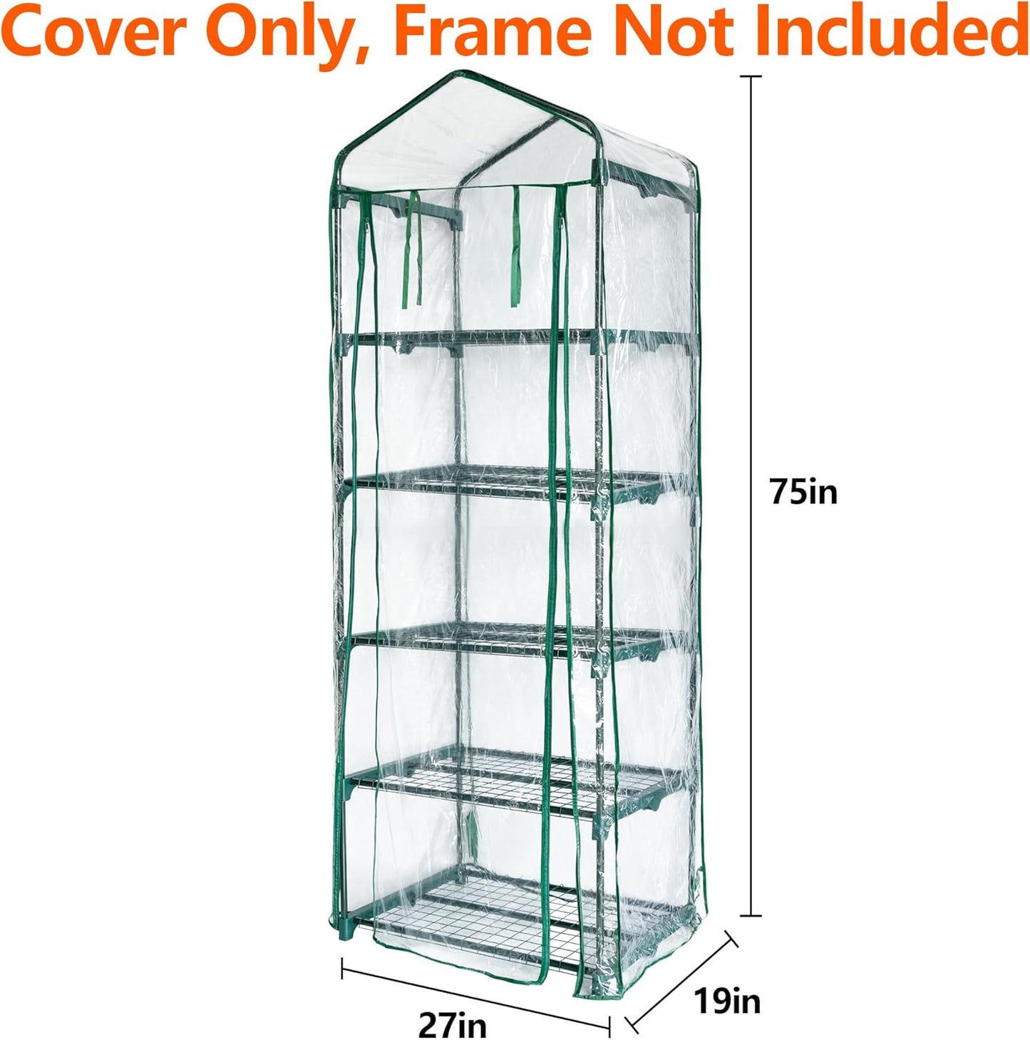 5 Tier Roll-Up Zipper Door Greenhouse Replacement Cover- 75 x 27 x 19 Inch Clear PVC Plant Greenhouse Cover for Gardening Plants Cold Frost Protection Wind Rain Proof (Frame NOT Include)