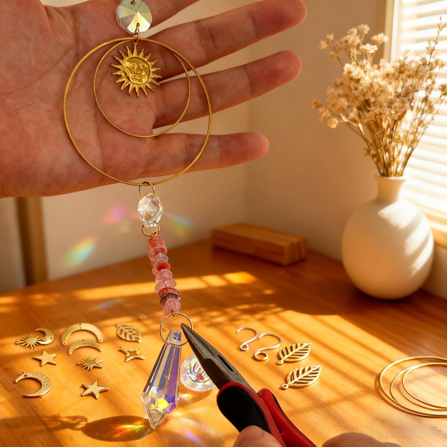 DIY Crystal Suncatcher kit with Wind Chime/Sun and Moon,Sun Catcher Dream Supplies Arts and Crafts Kits for Adults,for Indoor Window Hanging,Outdoor Garden Xmas Wedding Party Decor Gifts