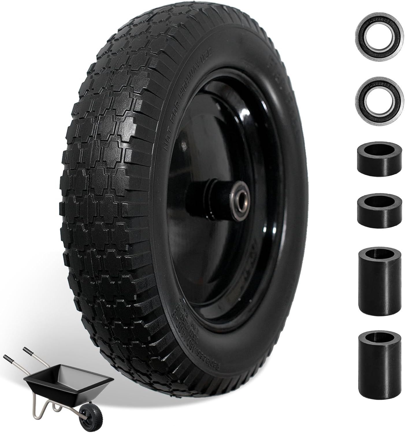 Wheelbarrow Tire 4.80/4.00-8 Flat Free Solid Tire Wheel 14.5 Inch, Replacement Heavy Duty Wheel, with 5.8" and 3.4" Bearings 3" Center Hub, fits Garden Cart, Dolly, Hand Truck, Trailer, Wagon, 1 Pcs