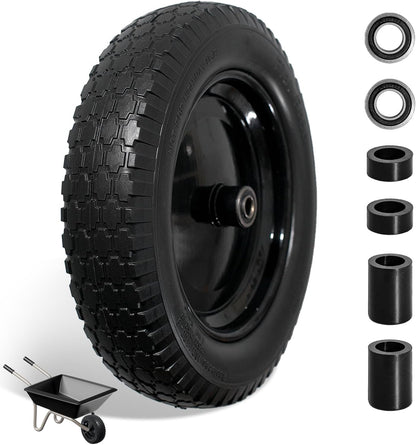 Wheelbarrow Tire 4.80/4.00-8 Flat Free Solid Tire Wheel 14.5 Inch, Replacement Heavy Duty Wheel, with 5.8" and 3.4" Bearings 3" Center Hub, fits Garden Cart, Dolly, Hand Truck, Trailer, Wagon, 1 Pcs