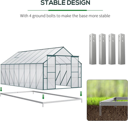 Outsunny 16' x 8' Aluminum Greenhouse Polycarbonate Walk-in Garden Greenhouse Kit with Adjustable Roof Vent, Rain Gutter and Sliding Door for Backyard, Patio, Clear
