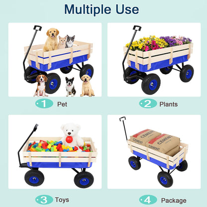 Outvita All-Terrain Cargo Wagon with 10'' Air Tires, Steel Structure Wagon with Removable Wooden Side Panels for Kids, Garden and Cargo, Up to 220lbs Capacity, 38'' L x 19'' W x 31'' H (Blue)