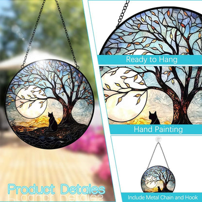 Halloween Decorations Black Cat Suncatcher Stained Glass Window Hanging - 8” Tree and Moon Stained Glass Suncatchers for Windows Decor Glass Panels - Sun Catchers Memorial Gift for Lover Cat Loss
