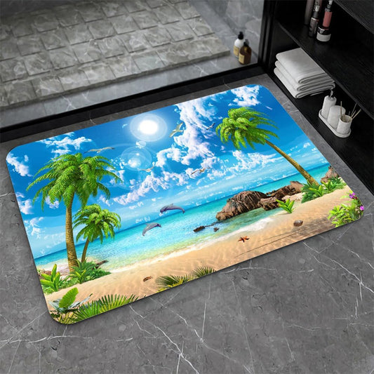 Bath Mat-Bathroom Rug，Summer Coconut Beach Dolphins-Absorbent Non Slip Quick Dry Stain Resistant Easy to Clean Care Shower Rug for Bathtub Shower Room 16×24Inch (40 * 60cm)