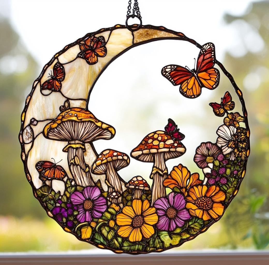 Mushrooms Acrylic Suncatcher Moon Window Hanging Faux Stained Mushroom Ornament Perfect Fall Home and Garden Decor Gift for Mom Sun Catchers Indoor Windown Suncatchers Windows