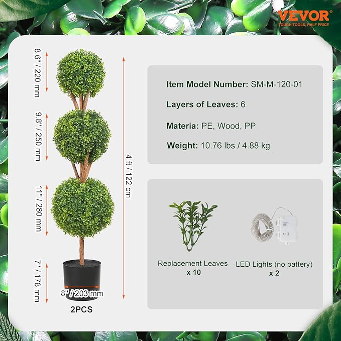 VEVOR Artificial Boxwood Topiary Tree, 48 inch Tall (2 Pieces), Triple Ball-Shaped Faux Topiary Tree, Green Faux Plant with Replaceable Leaves & Pot for Decorative Indoor/Outdoor/Home/Office