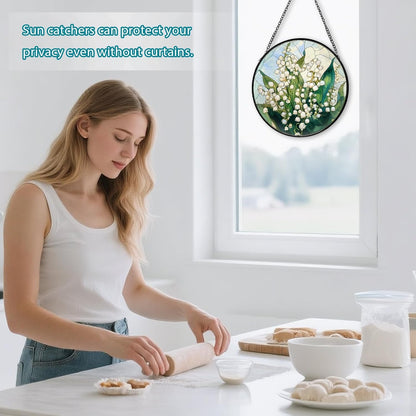 Lily of The Valley Flower Stained Glass Window Hanging, Suncatcher Diamond Glass Panel Hangings, Sun Catchers Indoor Windows Wall Art, Gift for Mom Grandma, Christmas Decor for Home Office 7.87 inches