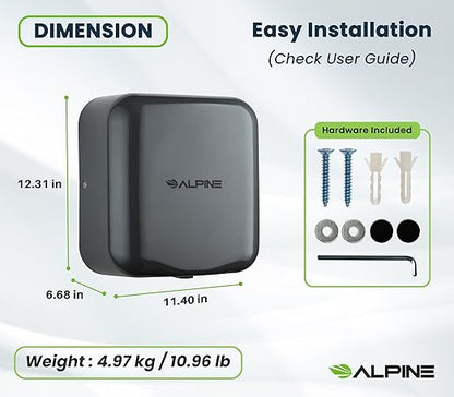 Alpine Automatic Hand Dryers for Bathrooms Commercial High Speed 110-120V Stainless Steel Electric Hand Dryer, Plug In & Hardwire Options with Air Filter, ADA & UL Compliant & 5 Years Coverage (Grey)