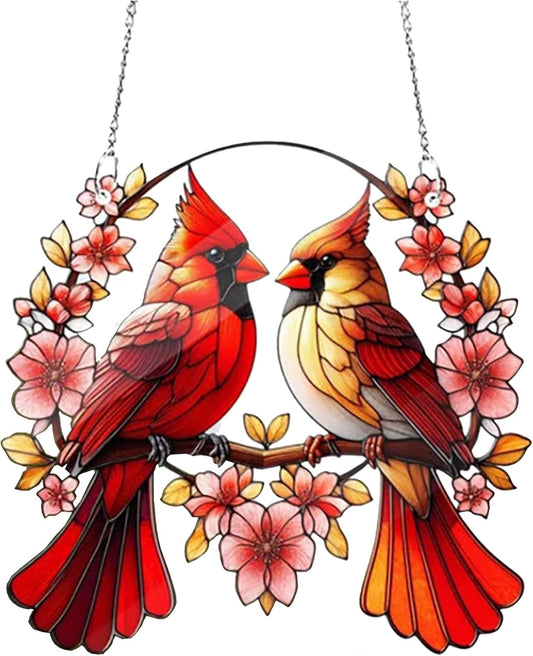 Acrylic Window Hanging Cardinal Suncatcher Decor,Red Bird Suncatcher Panel Outdoor Wall Art Stained