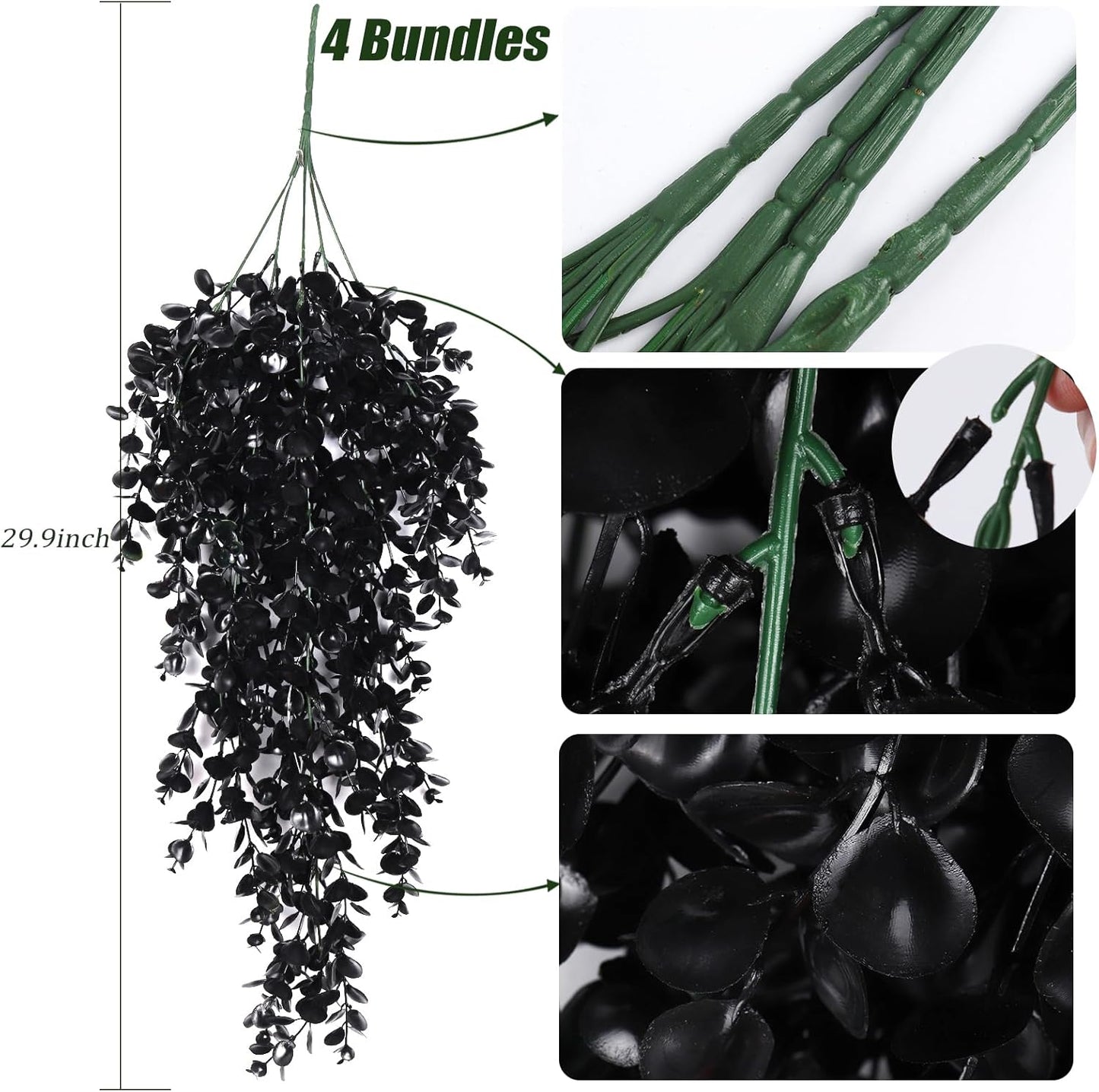 RECUTMS Artificial Plant Hanging Eucalyptus Leaf Fake Outdoor Faux Plastic Greenery for Wall House Room Patio Indoor Home Shelf Office Decor (Black)