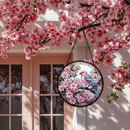 Cherry Blossoms Stained Glass Window Hanging, Bird Suncatcher Panel for Indoor Outdoor, Cherry Blossoms Glass Ornament for Wall, Balcony Porch Decoration, Thoughtful Gifts for Boys Girls, Loves Ones