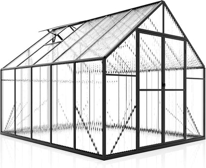 Jocisland 8x10x7 FT Polycarbonate Greenhouses for Outdoors, 2 Top-Opening Windows, 2 Swing Doors, Aluminum Walk-in Heavy Duty for Outdoor Use, Backyard Garden, Black