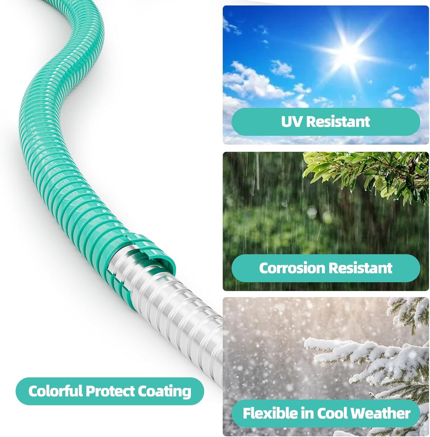 SPECILITE 50ft 304 Stainless Steel Garden Hose Metal, Heavy Duty Water Pipe with Nozzles for Yard, Outdoor - Flexible, Never Kink & Tangle, Puncture Resistant (Aqua)