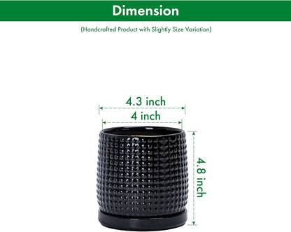 D'vine Dev 4 Inch Ceramic Beaded Stoneware Planter Pot - Flower Pot with Drainage Holes and Saucers for Indoor Succulent Plants or Flowers, Glossy Black, 27-C-Z-2