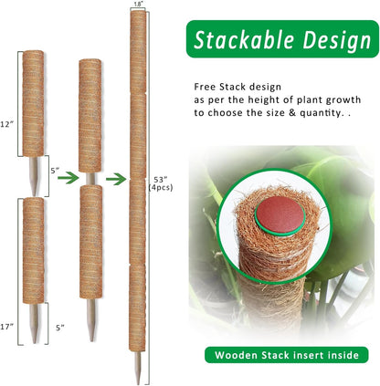 Moss Pole, 4 Pack 17Inch Monstera Plant Support for Climbing Plants Accessories Indoor -Stackable Moss Poles Plant Support Stakes -Coir Plant Pole Sticks for Potted Plants -Pothos, Tall Plant Trellis