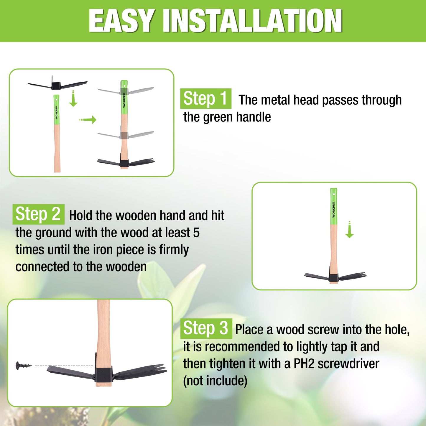 WORKPRO Hoe and Cultivator Garden Rake with 14" Wooden Handle