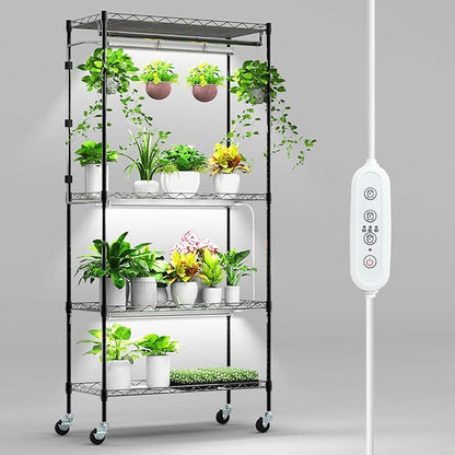 Plant Shelf with Grow Light, 4-Tier Metal Grow Light Shelf with Hanging Rod and Adjustable Rack,3-Pack 6000K T12 LED Full Spectrum Grow Lights for Seed Starting, Succulents, Built-in Timer
