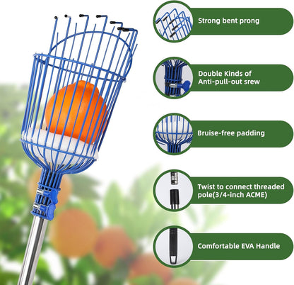 8FT Fruit Picker with Large Basket Telescoping Fruit Picker Pole Foam Padding Prevents Bruising Suitable for Apples Mangoes Pears Oranges Avocados, Blue (Pole Included)