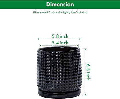 D'vine Dev 6 Inch Ceramic Beaded Stoneware Planter Pot - Flower Pot with Drainage Holes and Saucers for Indoor Succulent Plants or Flowers, Glossy Black, 27-C-X-2