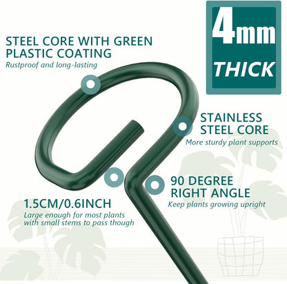 MAFONE 12 Pack 16inch Plant Support Stakes, Plant Stick Garden Single Stem Flower Support Stake Plant Cage Support Rings with 20pcs Plant Clips and Plant Ties for Tomato Orchid Lily Peony Rose Bean