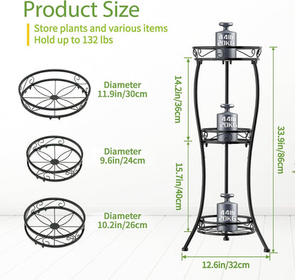 iDavosic.ly 3 Tier Tall Metal Plant Stand Indoor Outdoor, Wrought Iron Corner Flower Pot Holder Shelf, 34 Inch Vertical Display Rack for Patio Porch Living Room Garden, Black
