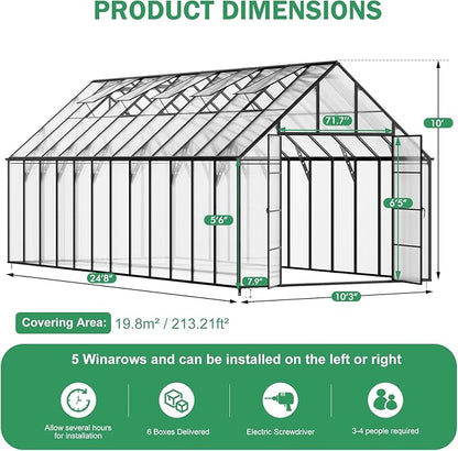 CDCASA 10x24 FT Greenhouse for Outdoors,Large Easy Assembly Thicker Aluminum Polycarbonate Greenhouses with 5 Windows, Double Door,Outside Walk-in Green House for Patio, Backyard,Garden