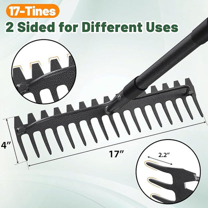 Rake, 17 Tines with 49 Inch Handle, 17 Inch Wide Heavy Duty Garden Thatch Leaf Rake for Raking Leaf Loosening Soil Gathering Mulch Leveling Rocks, Rustproof Metal Bow Rakes for Leaves Grass