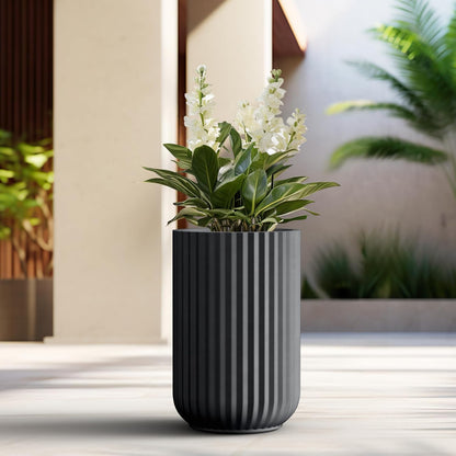 Kante Tall Fulted Planter, 21.7 Inch Tall Round Concrete Plant Pots with Drainage Hole and Rubber Plug, Modern Decor for Indoor Outdoor Plants, Flower, Black
