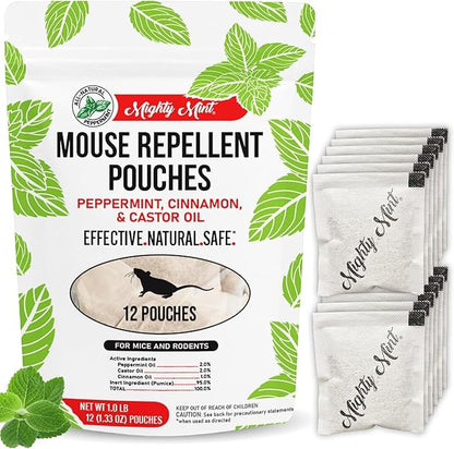 Mighty Mint Mouse Repellent Pouches – Peppermint, Castor Oil & Cinnamon Formula – Natural Indoor Deterrent for Mice and Rodents – Plant-Based, Long-Lasting Protection – 12 Count