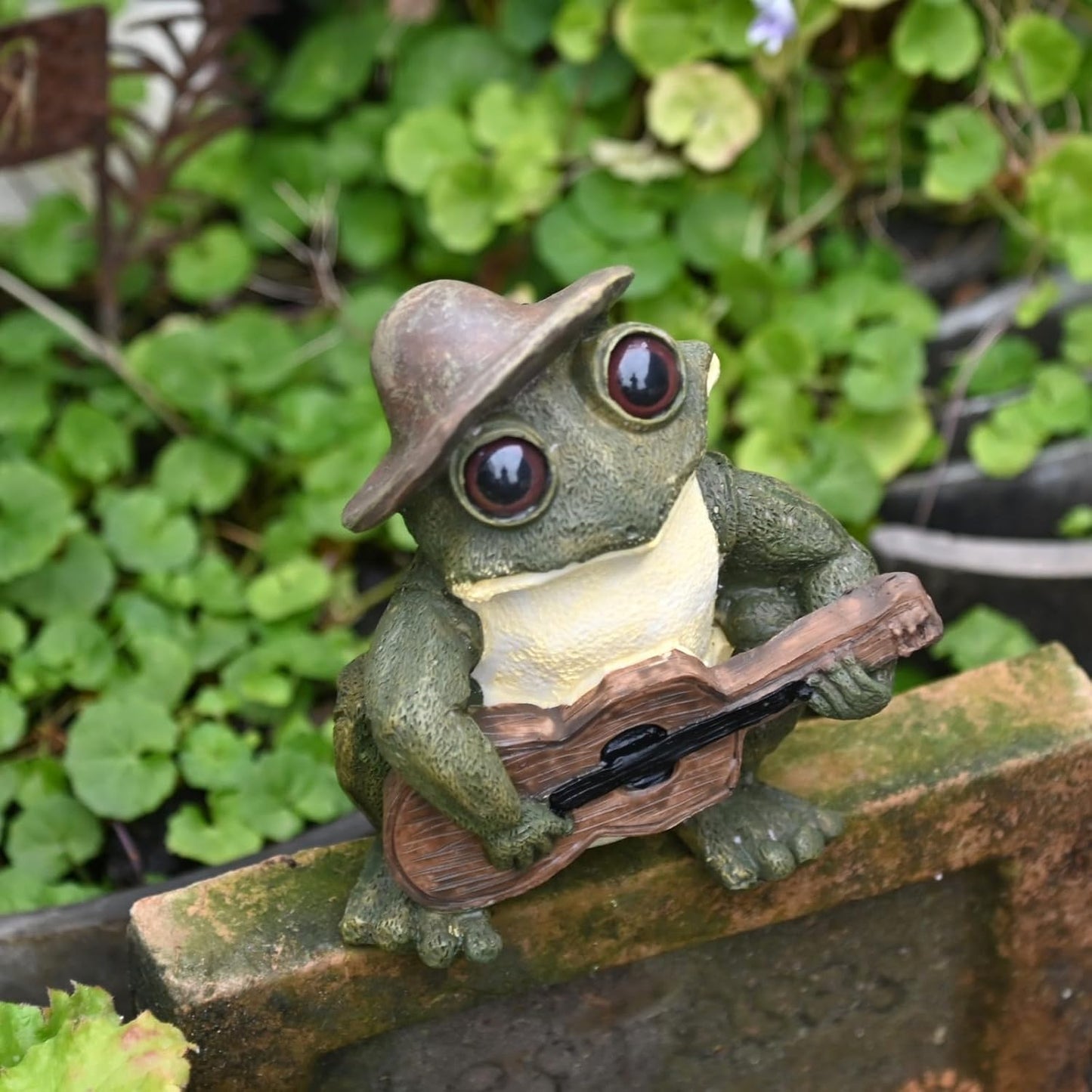 OwMell Frog Statue for Garden, Green Frog Figurine for Outdoor Decor Yard and Garden Decoration Resin Sculpture 6 Inches - Guitar