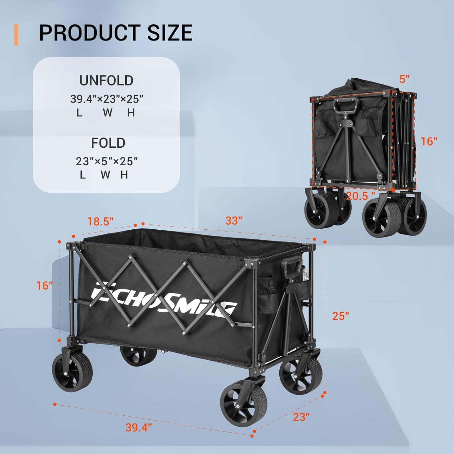 EchoSmile Collapsible Folding Wagon Cart 360lbs, Heavy Duty Garden Utility Cart with All Terrain Wheels, Large Capacity Outdoor Wagon for Camping, Beach, Shopping, Picnic (Black)