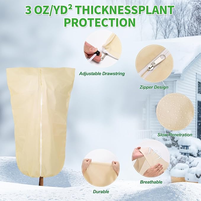 2 Pack 72"x47" Winter Plant Cover Freeze Protection, 3 oz/yd² Warm Shrub Cover with Zipper Drawstring, Frost Cloth Tree Cover for Fruit Tree Potted Plants Garden Cold Weather Protector