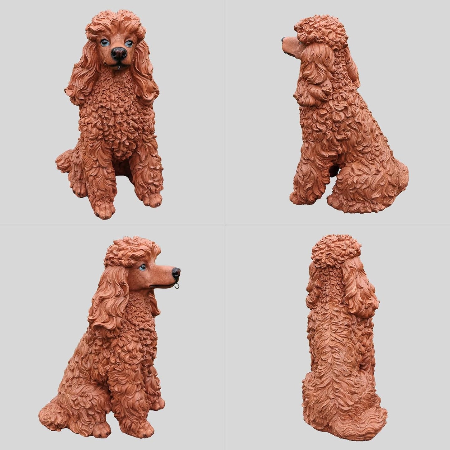 Poodle Outdoor Garden Statue with Double-Sided “Welcome/ON Patrol” Hanging Sign and Solar Lantern, Brown Sitting Dog for Porch, Path & Yard Décor